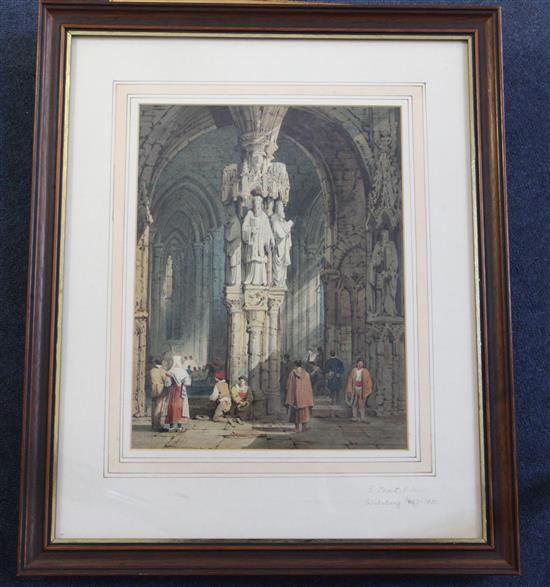 Attributed to Samuel Prout Entrance to a Continental cathedral and Continental street scene largest 12 x 9in.